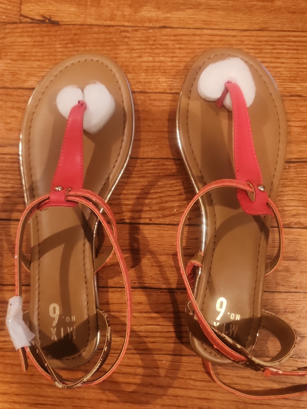 Mix No. 6 Coral Pink T-Strap Sandals with Tan Footbed